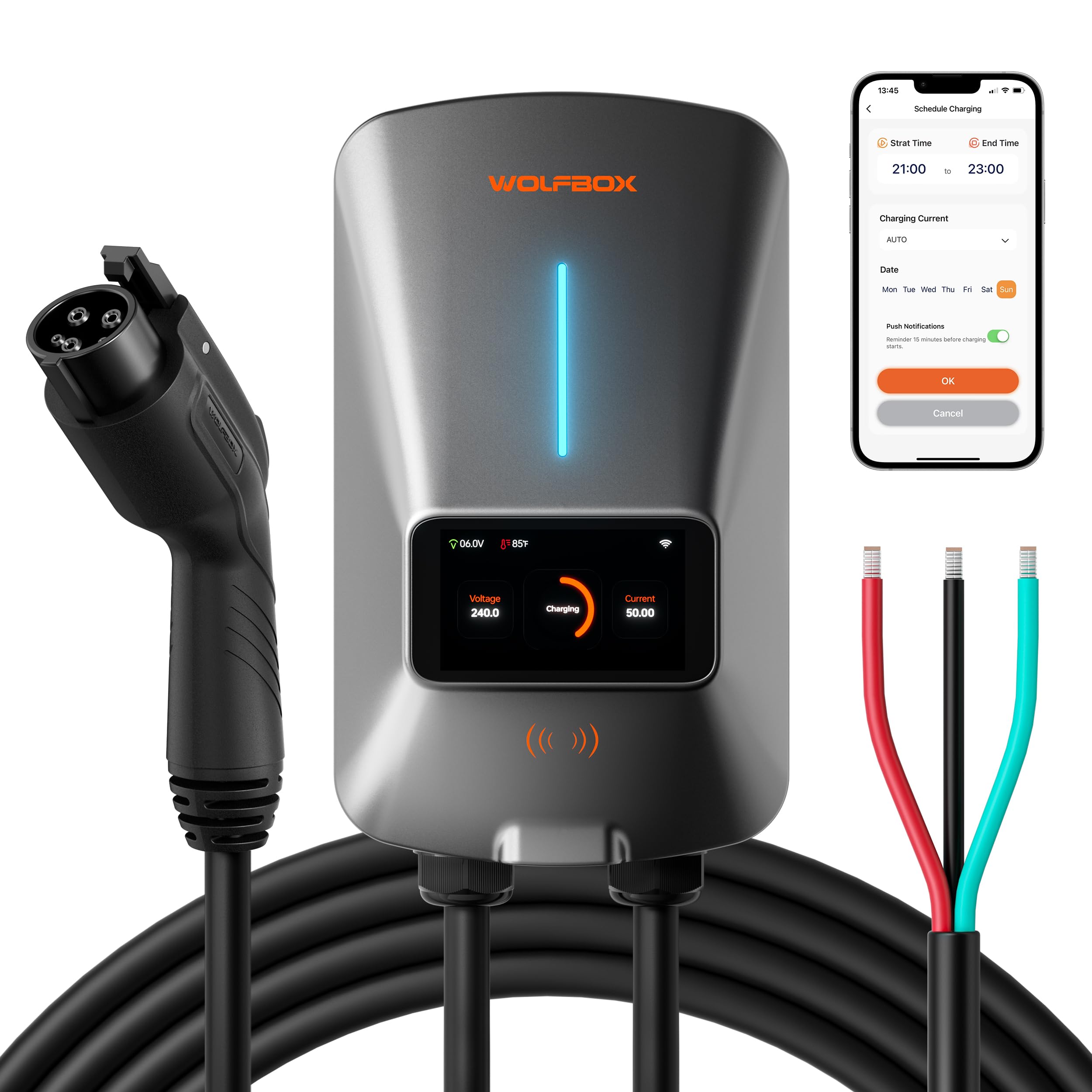 WOLFBOX Level 2 EV Charger 50 Amp with WiFi and Bluetooth  WOLFBOX 25ft hardwire -50 Amp  