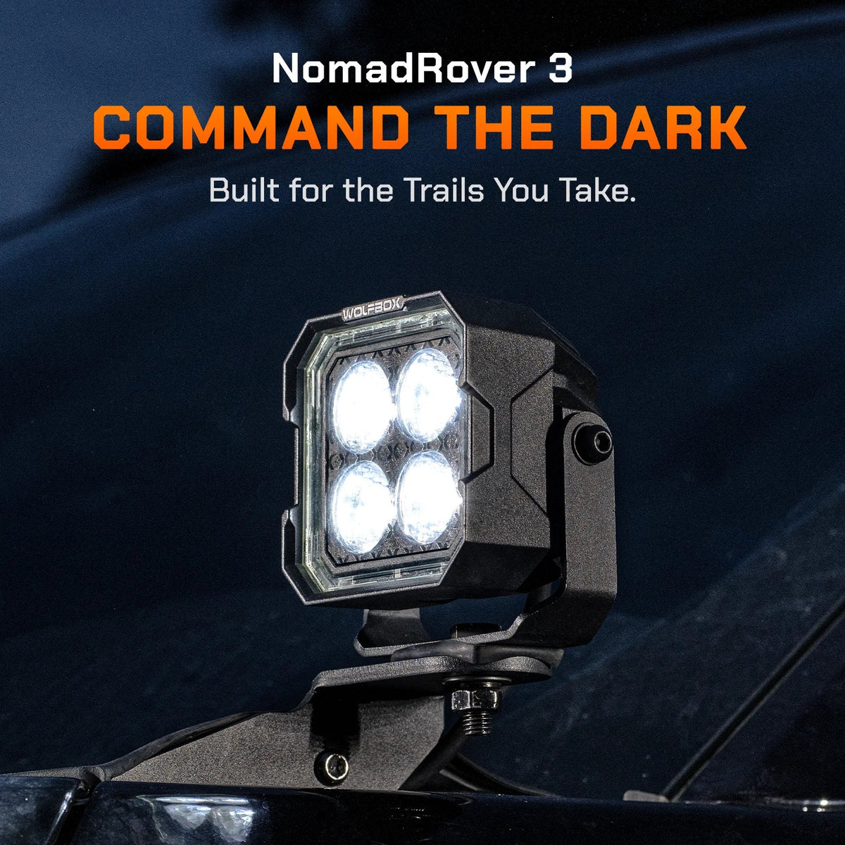 NomadRover 3" off-road LED pod mounted on vehicle A-pillar.