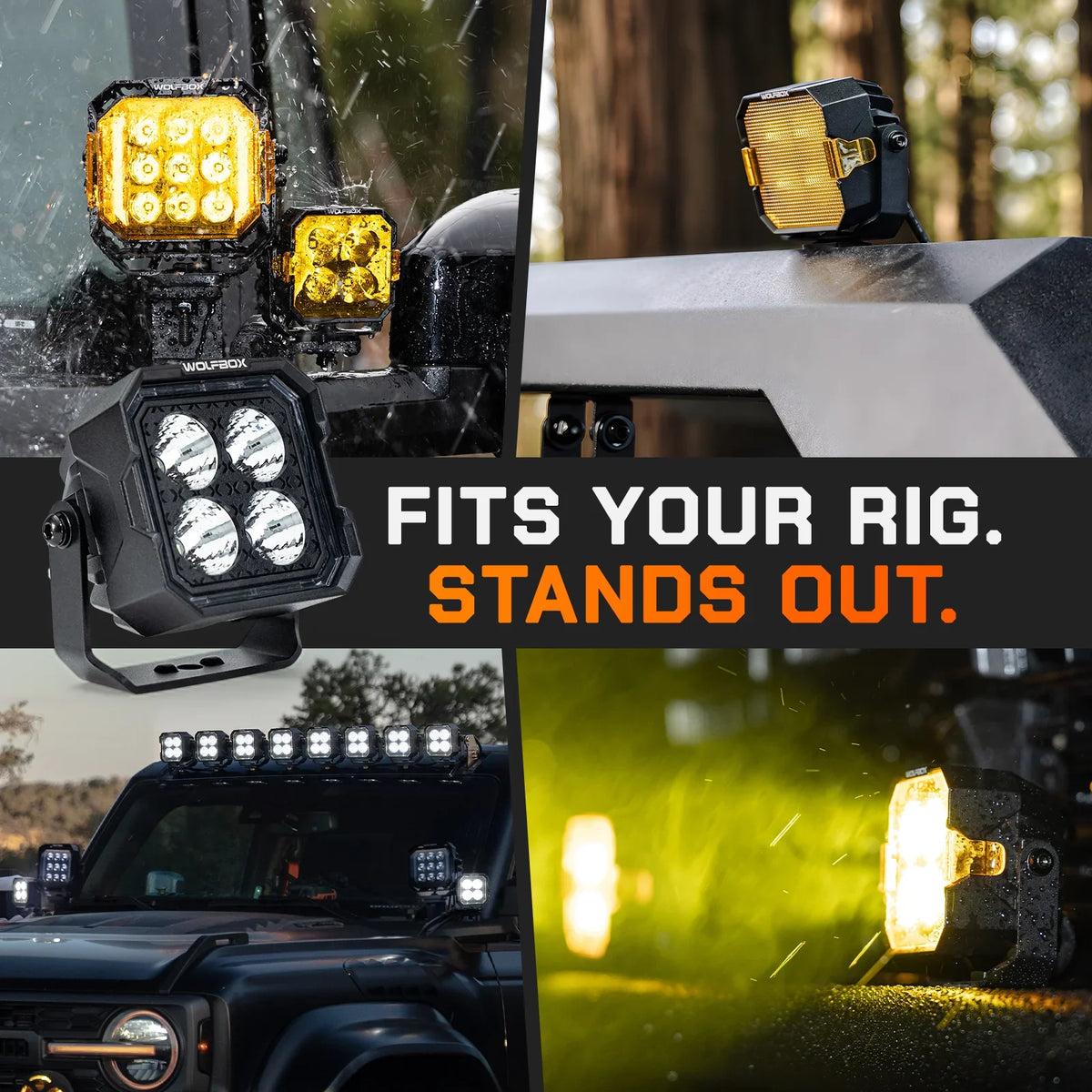 NomadRover 3" pods installed on Ford Bronco front bumper and A-pillars.