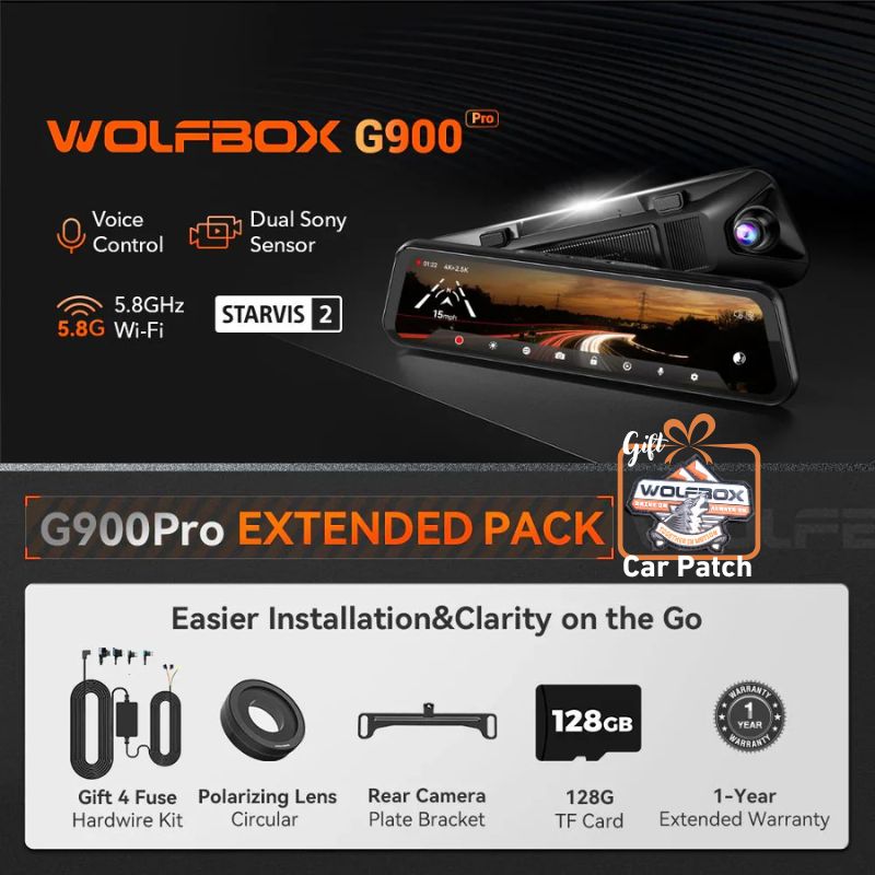 WOLFBOX G900Pro WiFi 12MP Touch Screen Rear View Smart Mirror Dash Cam camera WOLFBOX the Ultimate:G900Pro Extended Package