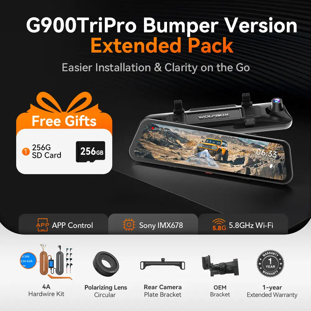 WOLFBOX G900 TriPro Bumper Version 3 Channel Rearview Mirror with Excl