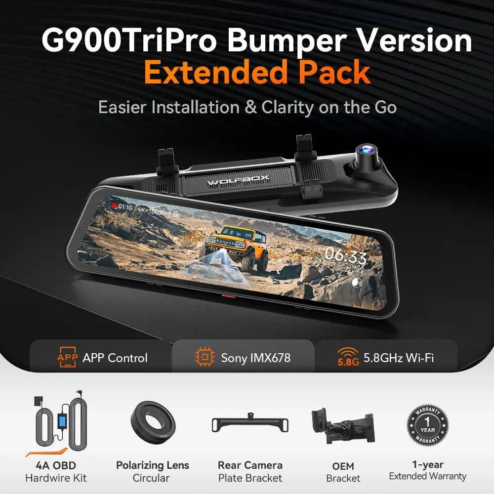 WOLFBOX G900TriPro Bumper Version 3 Channel Rearview Mirror with Exclu