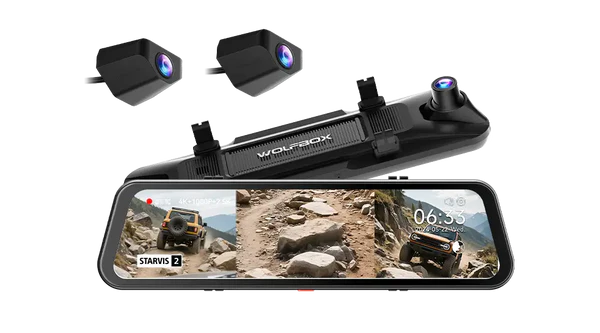Wolfbox car dashboard camera system with rearview mirror display on a white background