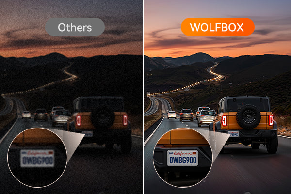 Comparison of a vehicle on a road with 'Others' and 'WOLFBOX' labels.