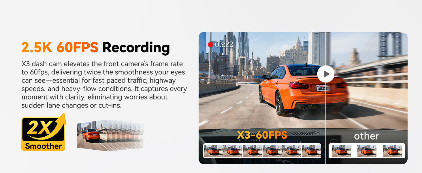 Car dashboard camera with recording features displayed on a screen