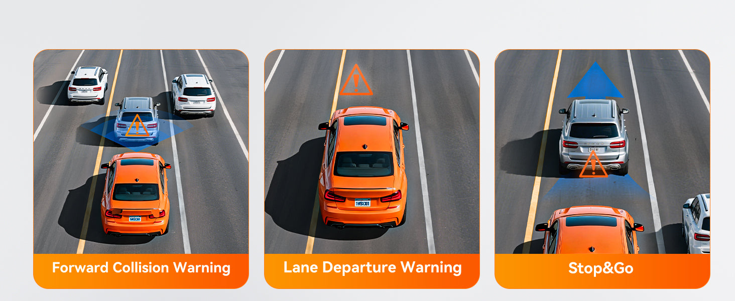 Three scenarios showing car safety features: Forward Collision Warning, Lane Departure Warning, and Stop&Go.