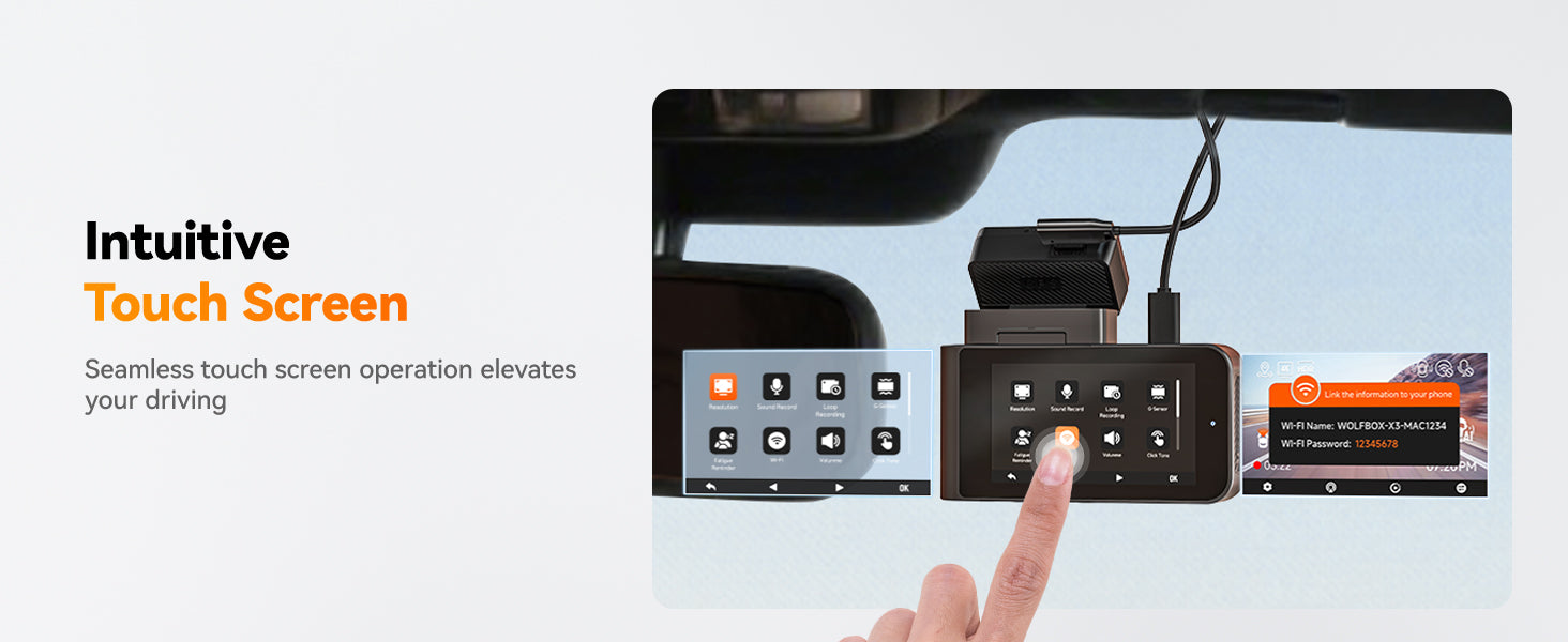 Touch screen interface on a vehicle dashboard with a hand pointing at it.