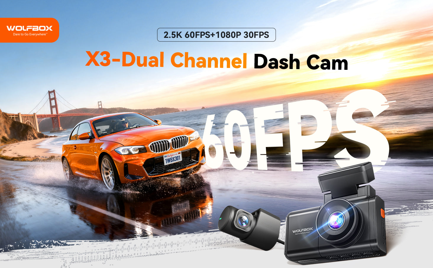 Wolfbox X3-Dual Channel Dash Cam with a car driving on a road.
