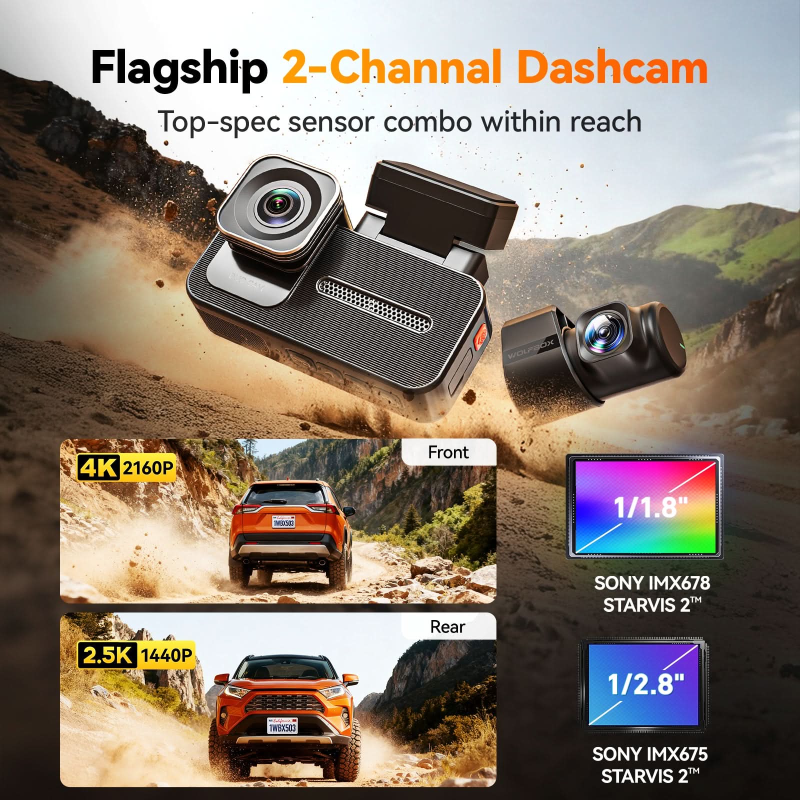 Wolfbox X5 Duo 4K+2.5K STARVIS 2 IMX678 Front and Rear Mini Dash Cam