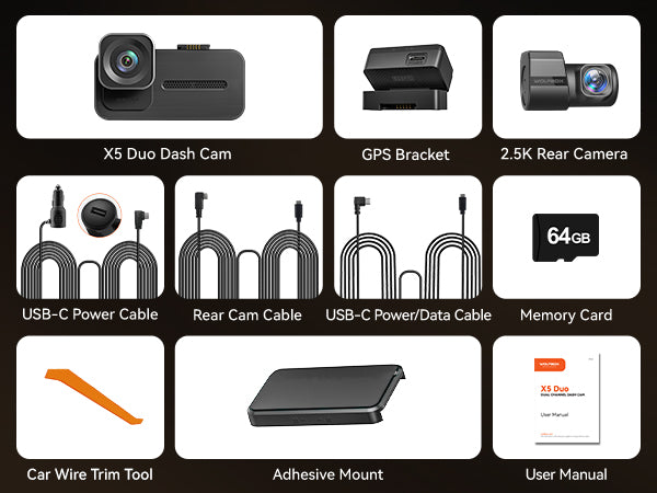 Collection of car accessories including a dash cam, GPS bracket, rear camera, power cables, memory card, wire trim tool, adhesive mount, and user manual on a white background.