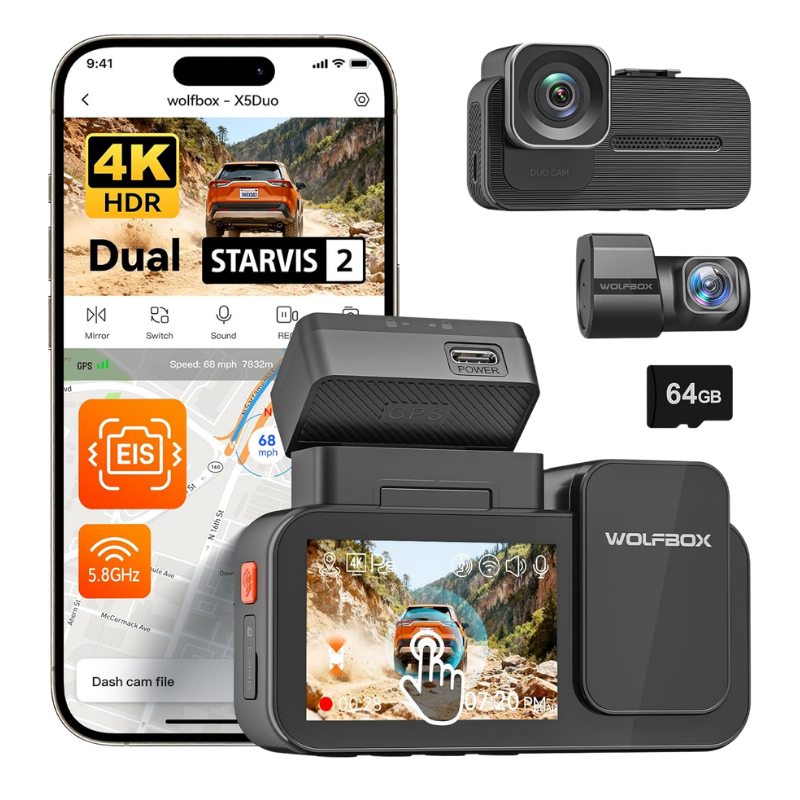 Wolfbox dash cam with smartphone displaying app interface, additional camera, and 64GB memory card on a white background.