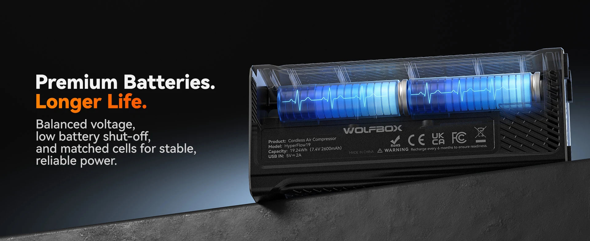 air compressor showing two premium battery cells that deliver stable reliable power | WOLFBOX HyperFlow19