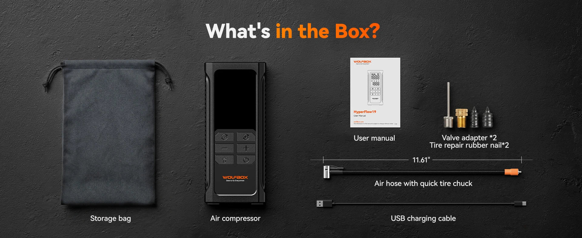 air compressor packed with a storage bag manual adapters air hose and usb cable | WOLFBOX HyperFlow19