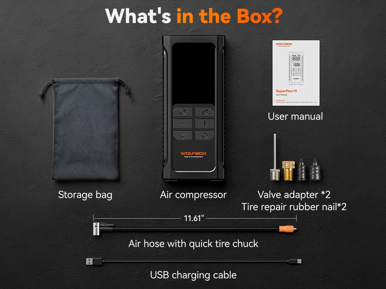 air compressor packed with a storage bag manual adapters air hose and usb cable | WOLFBOX HyperFlow19