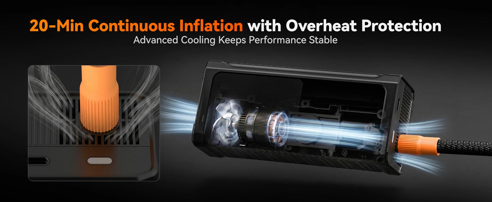 air compressor cooling fan keeping performance stable through twenty minutes of inflation | WOLFBOX HyperFlow19