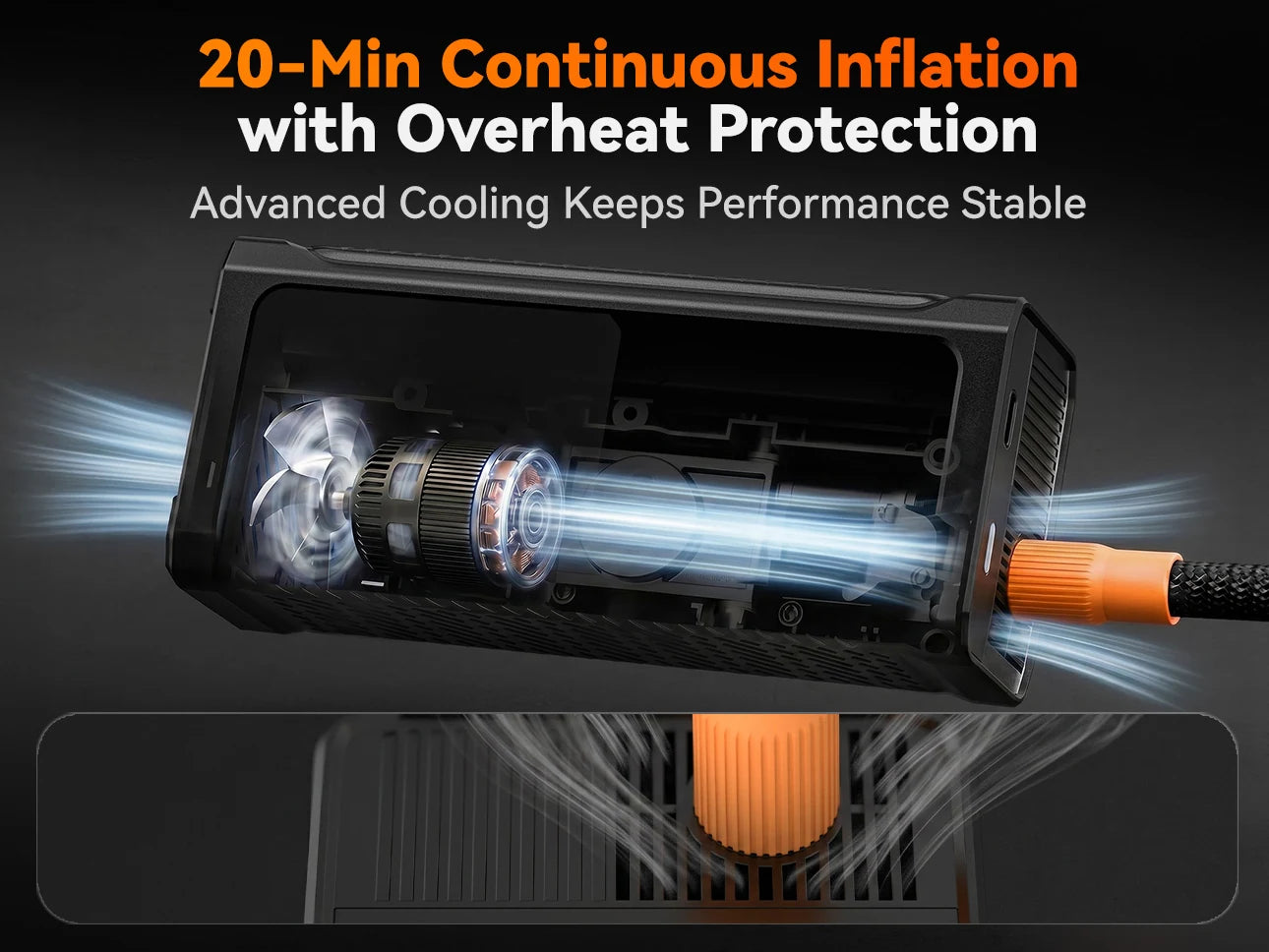 air compressor cooling fan keeping performance stable through twenty minutes of inflation | WOLFBOX HyperFlow19