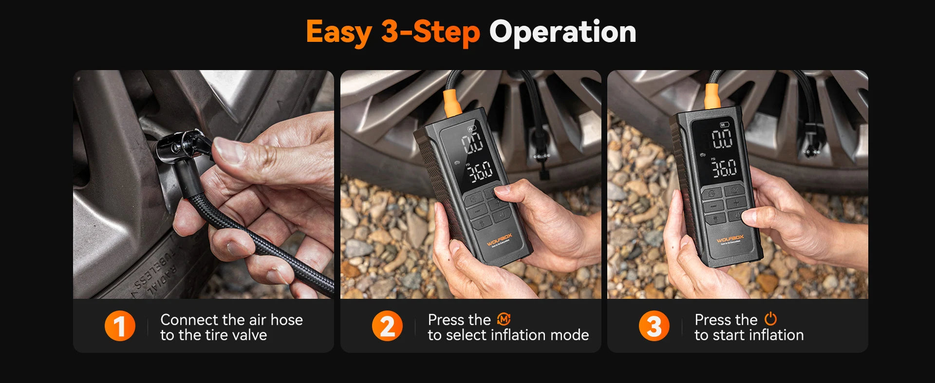 air compressor inflating a tire in three steps connect select mode and start | WOLFBOX HyperFlow19