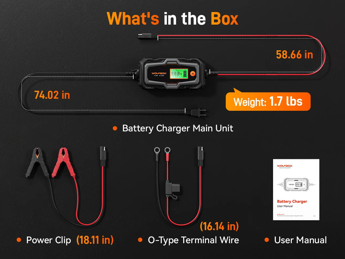 product checklist showing everything included charger clamps cables and user manual | WOLFBOX BC40