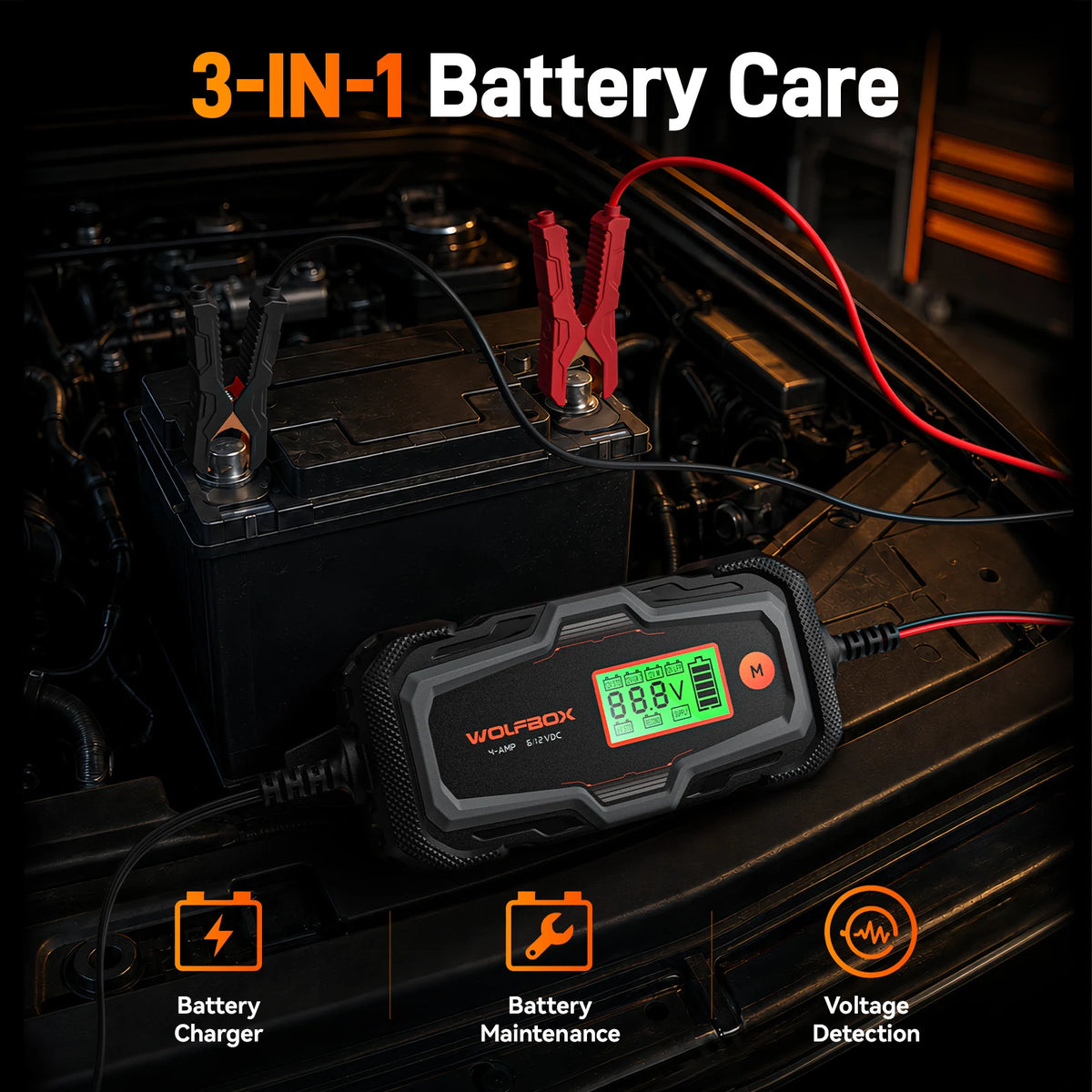bc40 smart battery charger and maintainer with 4-inch lcd display for 12v and 24v batteries | WOLFBOX BC40