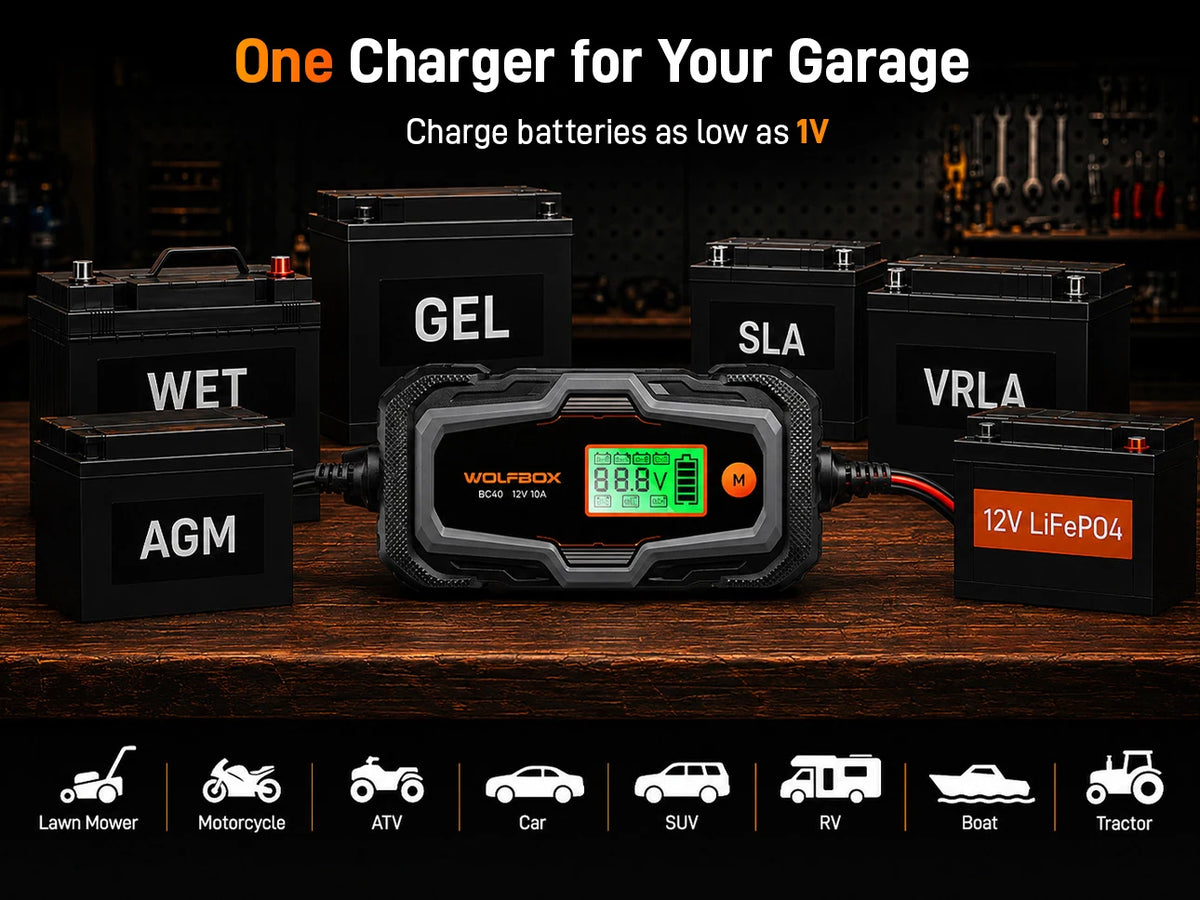 bc40 compatible with 12v and 24v lead-acid agm gel sld efb and lifepo4 lithium batteries | WOLFBOX BC40
