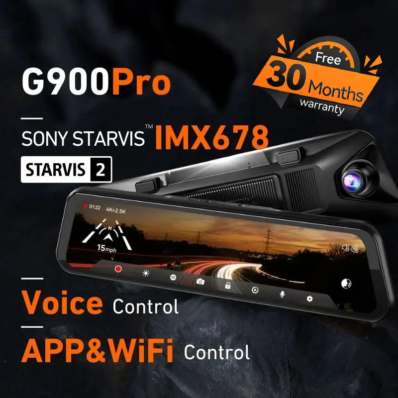 WOLFBOX G900Pro 12MP WiFi Touch Screen Rear View Mirror Dash Cam Smart