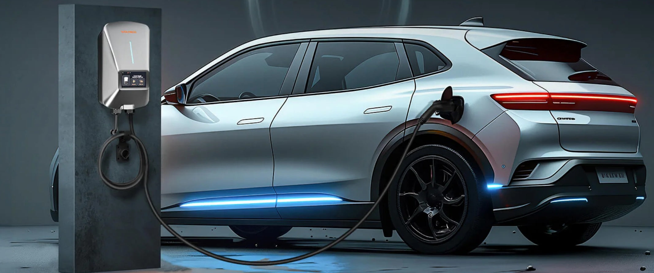 Modern smart electric vehicle wall charger station connected to a silver EV car charging in a garage.