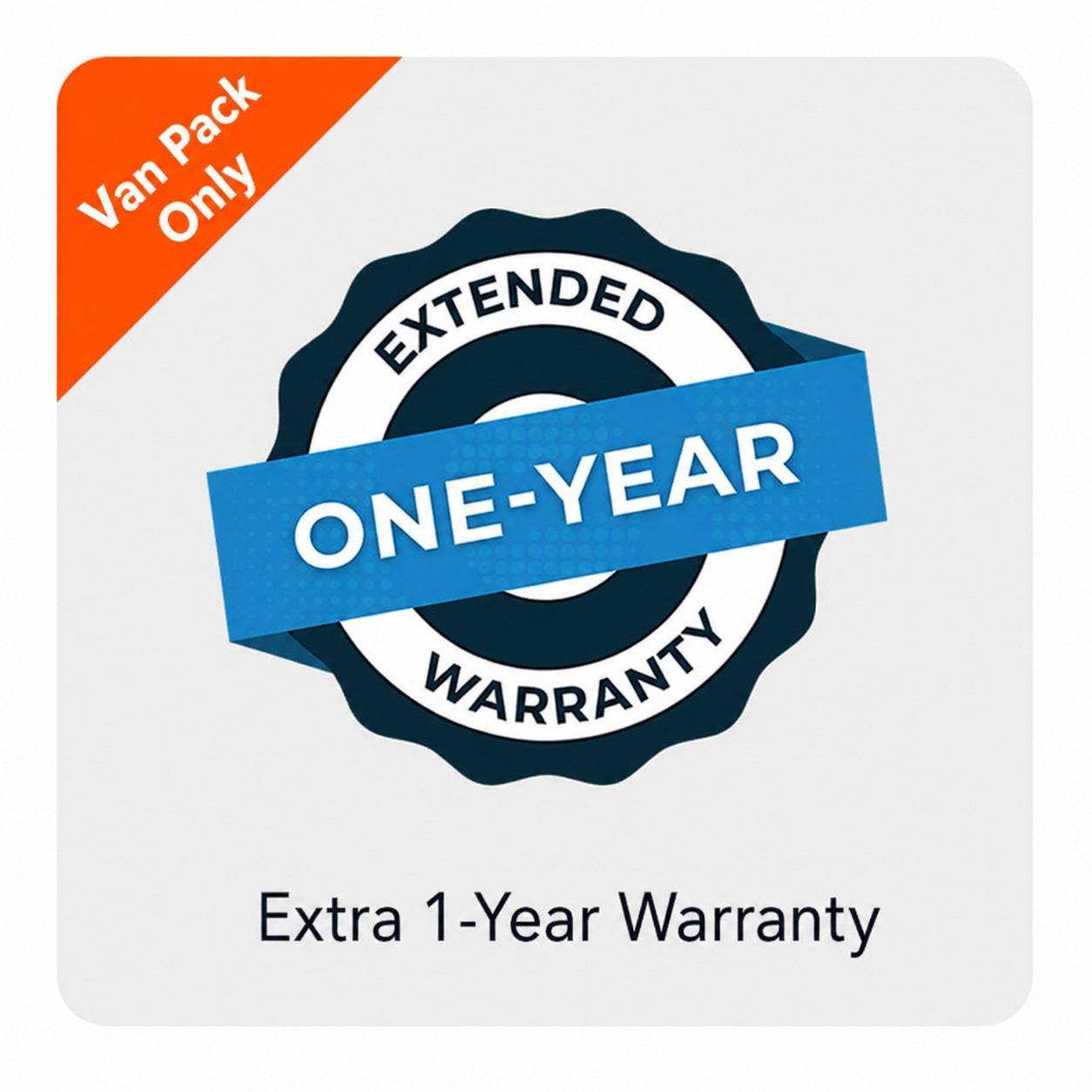 Extended one-year warranty badge with an orange Van Pack Only corner ribbon.
