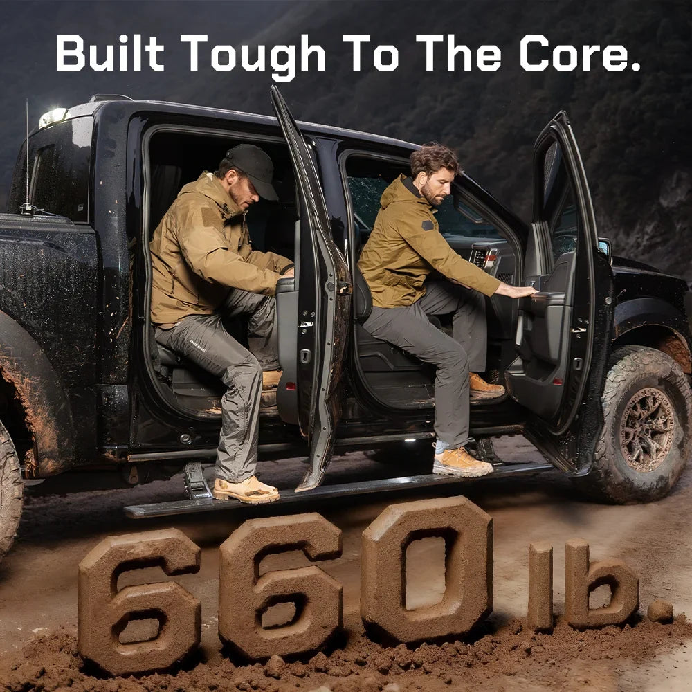 Heavy-duty power running boards supporting 660 lbs for maximum reliability and passenger safety.