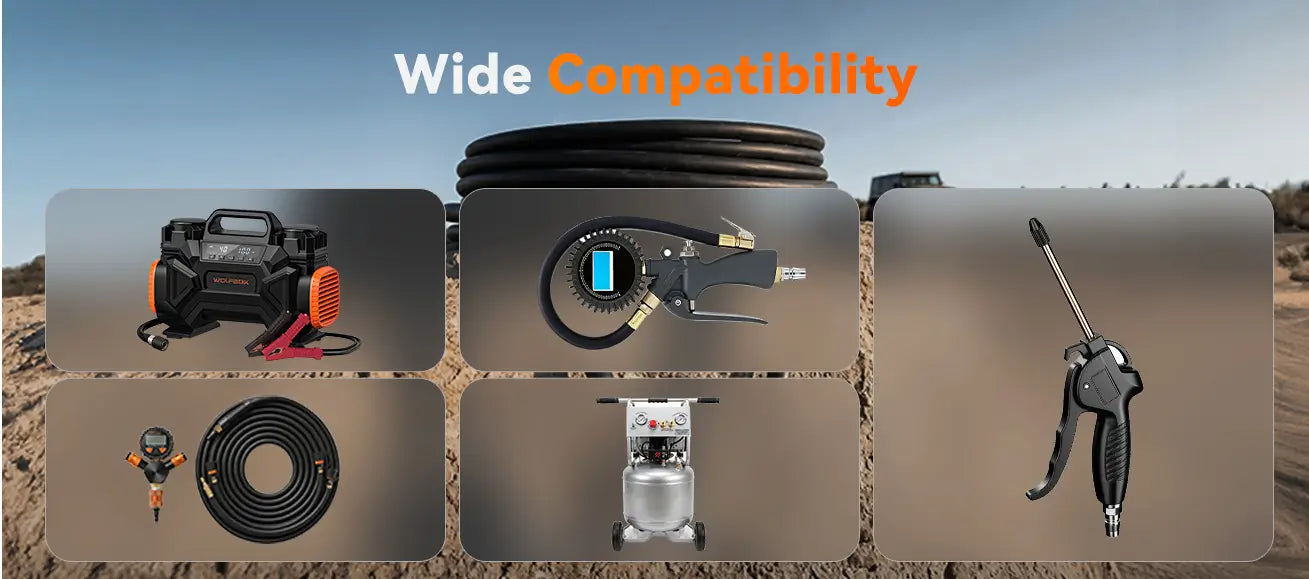 HyperFlow 60D heavy duty rubber air hose compatible with multiple air tools and portable compressors for off-road use    