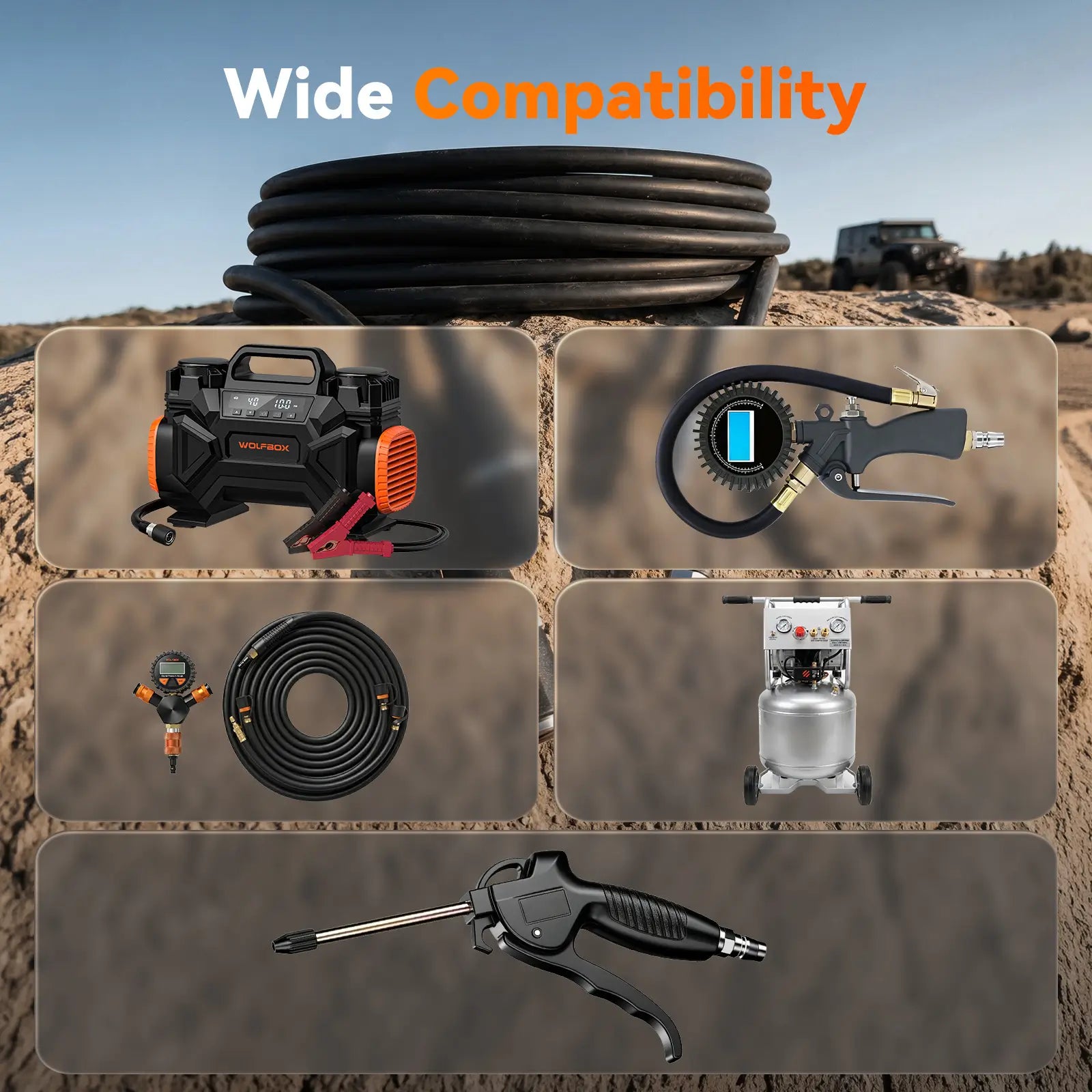 HyperFlow 60D heavy duty rubber air hose compatible with multiple air tools and portable compressors for off-road use   