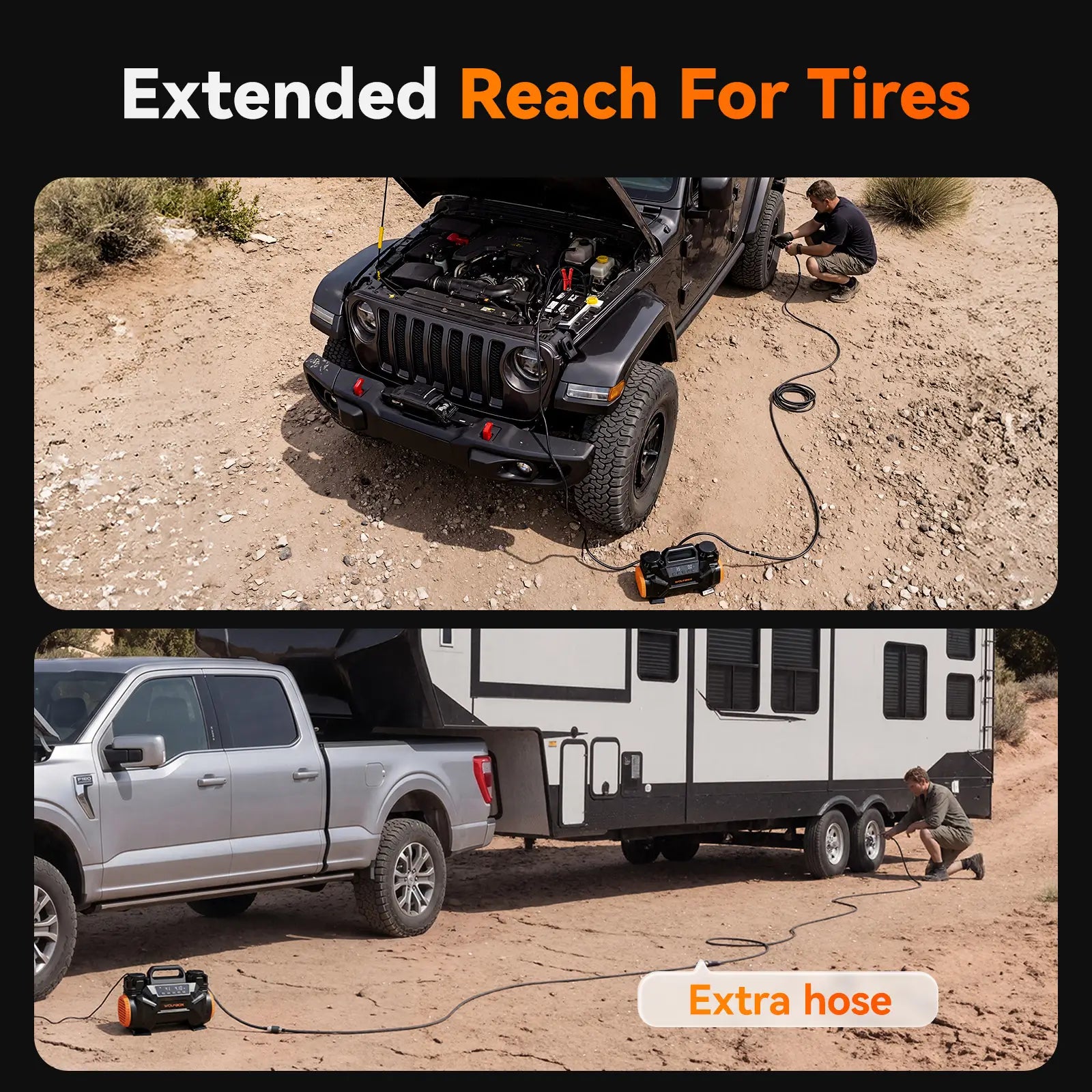 HyperFlow 60D air compressor extension hose providing extended reach for Jeep and RV trailer tire inflation in off-road environment  