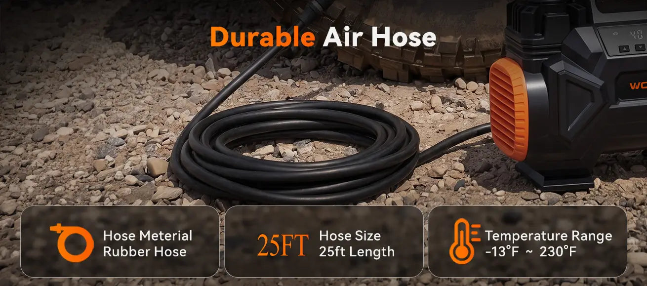 HyperFlow 60D 25ft durable rubber air hose with temperature range from -13°F to 230°F for off-road air compressor 