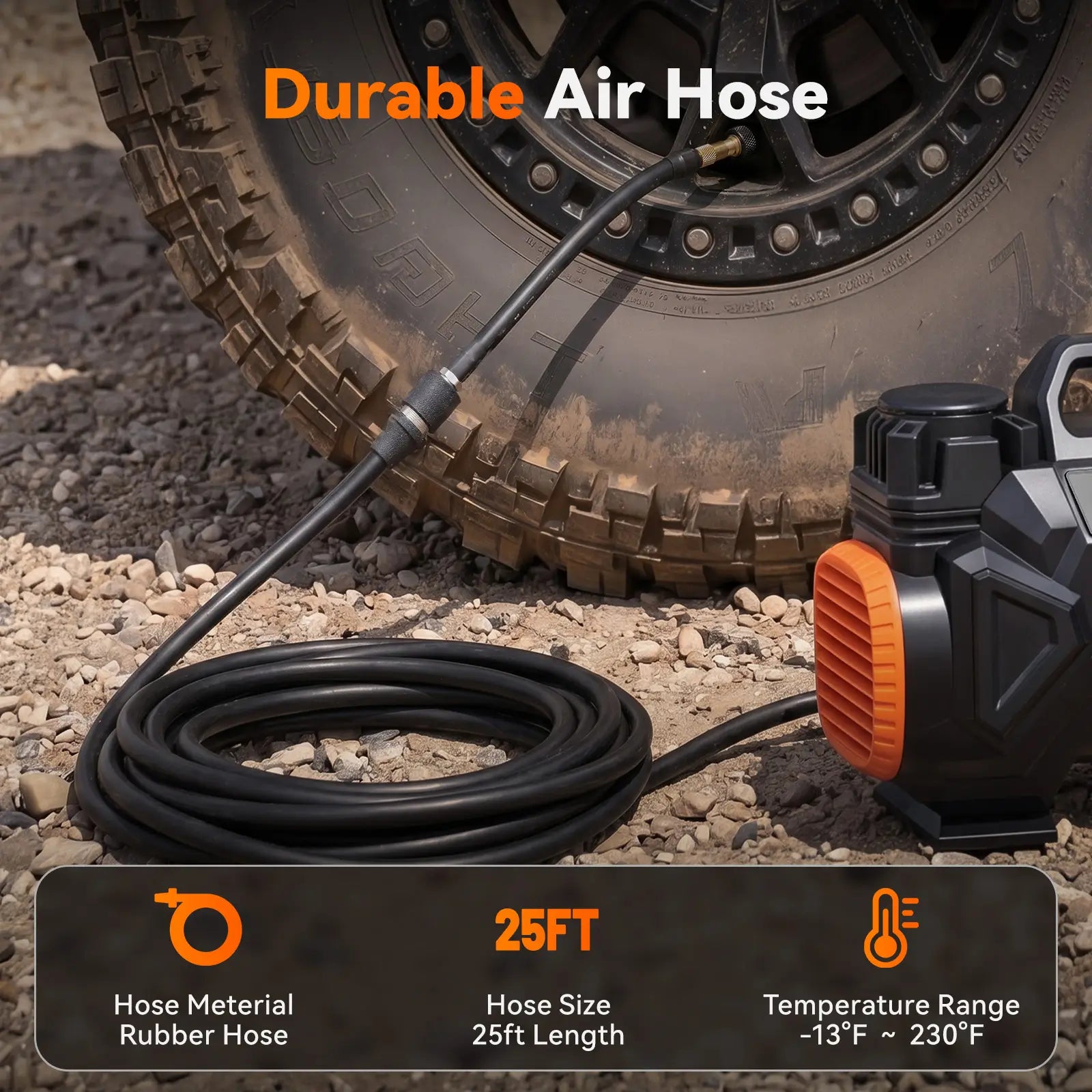 HyperFlow 60D 25ft durable rubber air hose with temperature range from -13°F to 230°F for off-road air compressor    