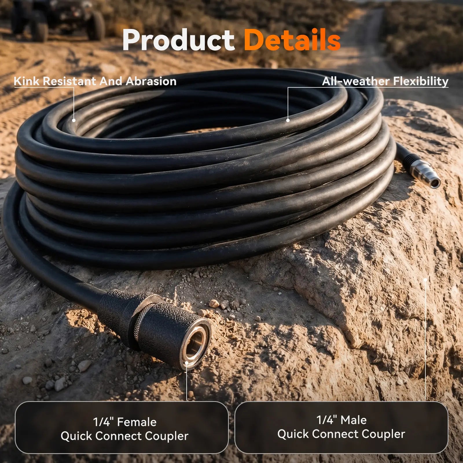 HyperFlow 60D rubber air hose with 1/4 inch female and male quick connect couplers, kink resistant and all-weather flexible for durability