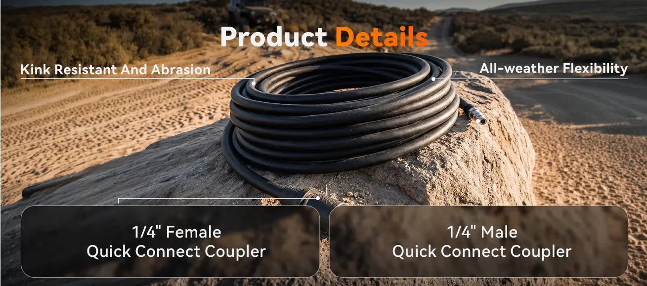 HyperFlow 60D air hose quick connect fitting attached to off-road vehicle tire for inflation                             