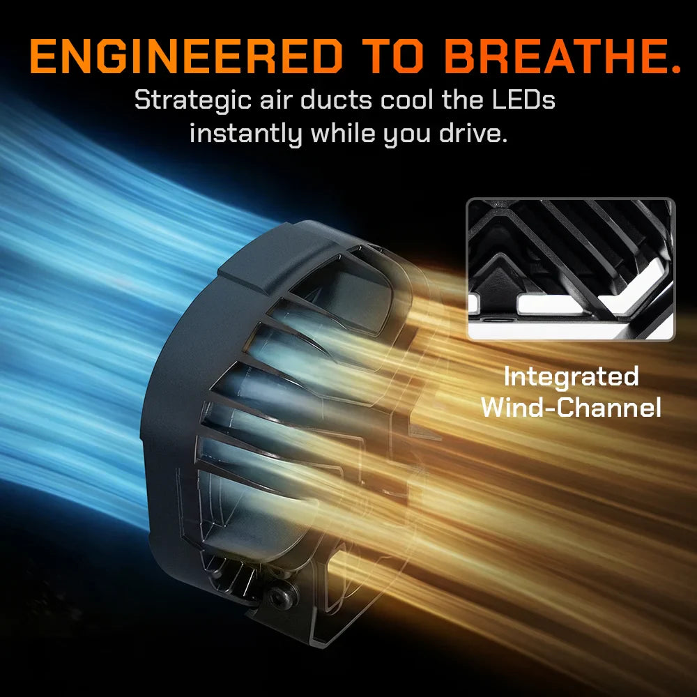 Integrated wind-channel cooling design for high-performance off-road LED pod lights