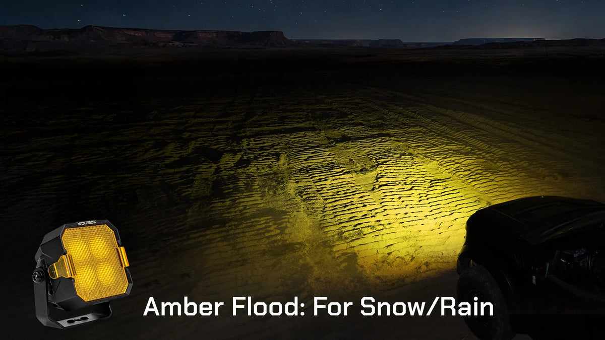 amber flood beam spreading light on wet trail in snow and rain