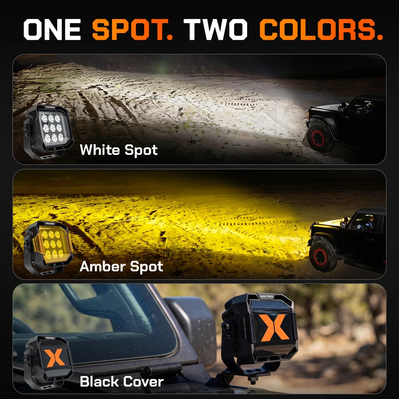 white spot amber spot and black cover beam comparison on night trail