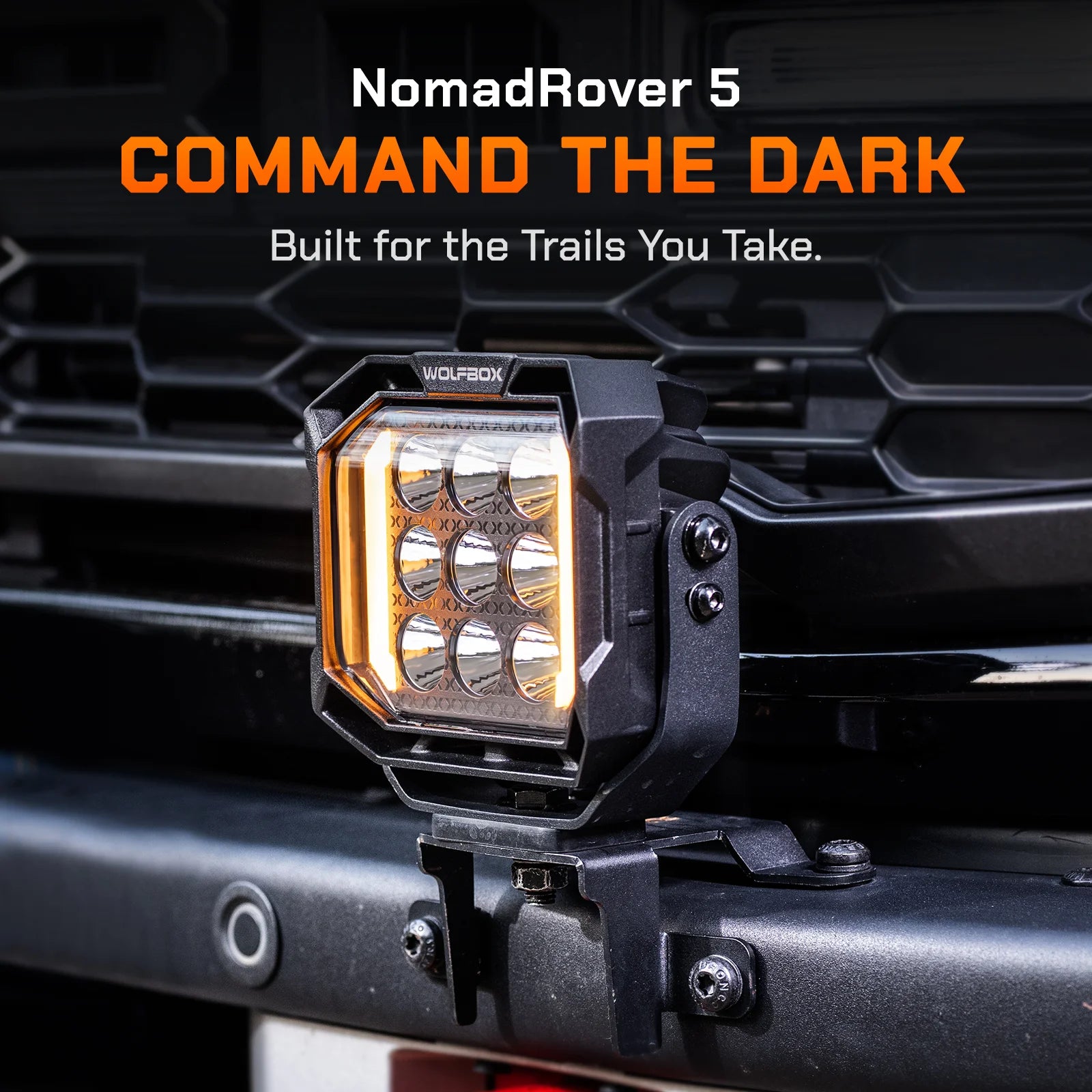 nomadrover 5 pod light with amber halo mounted on bumper