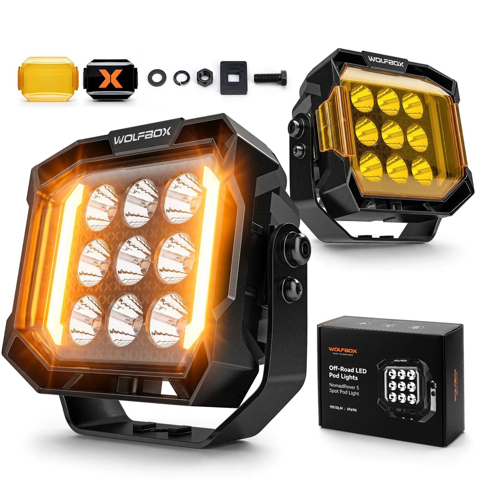 nomadrover 5 pod light with amber and black covers mounting hardware and box