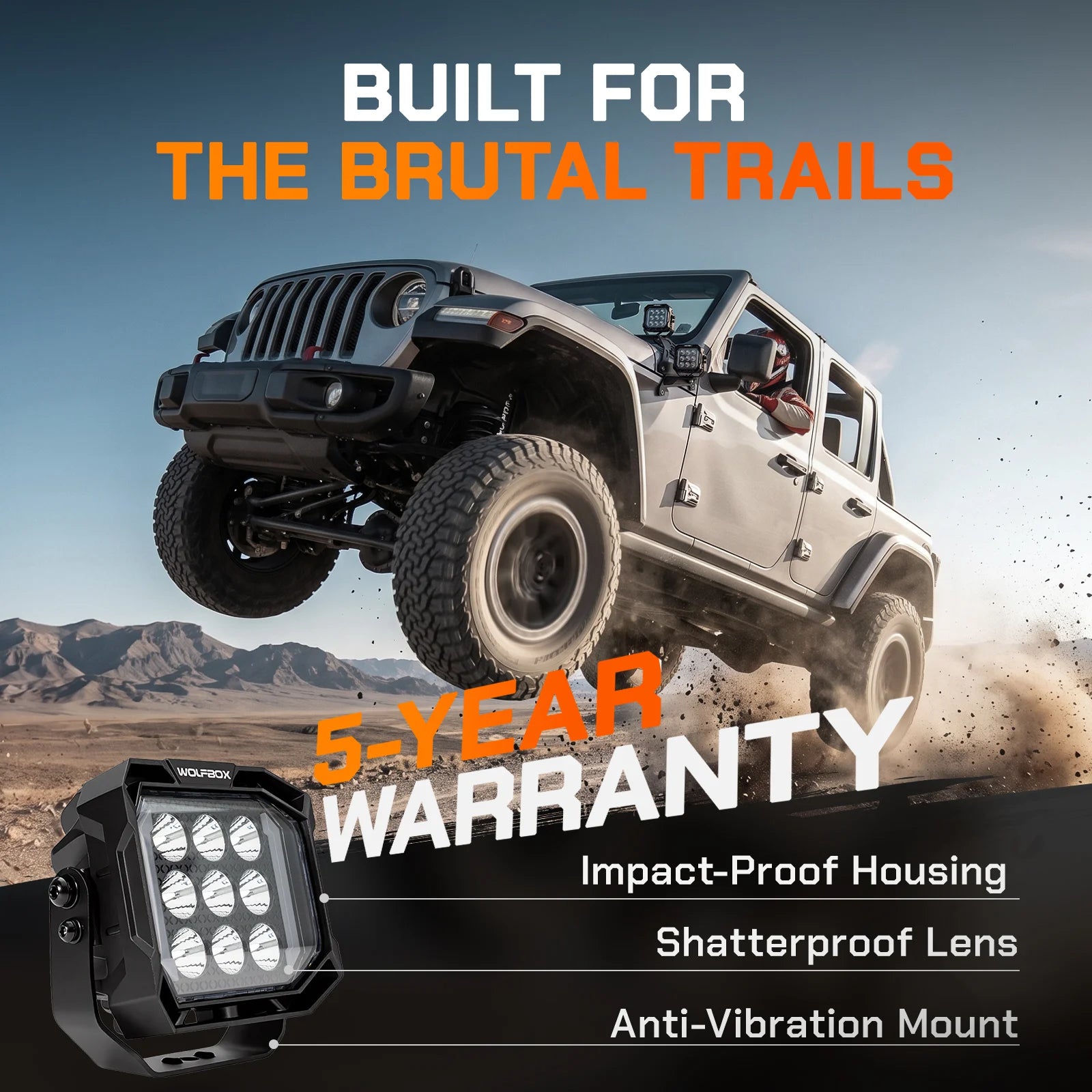 shockproof 5 inch pod light with 5 year warranty on jeep off road