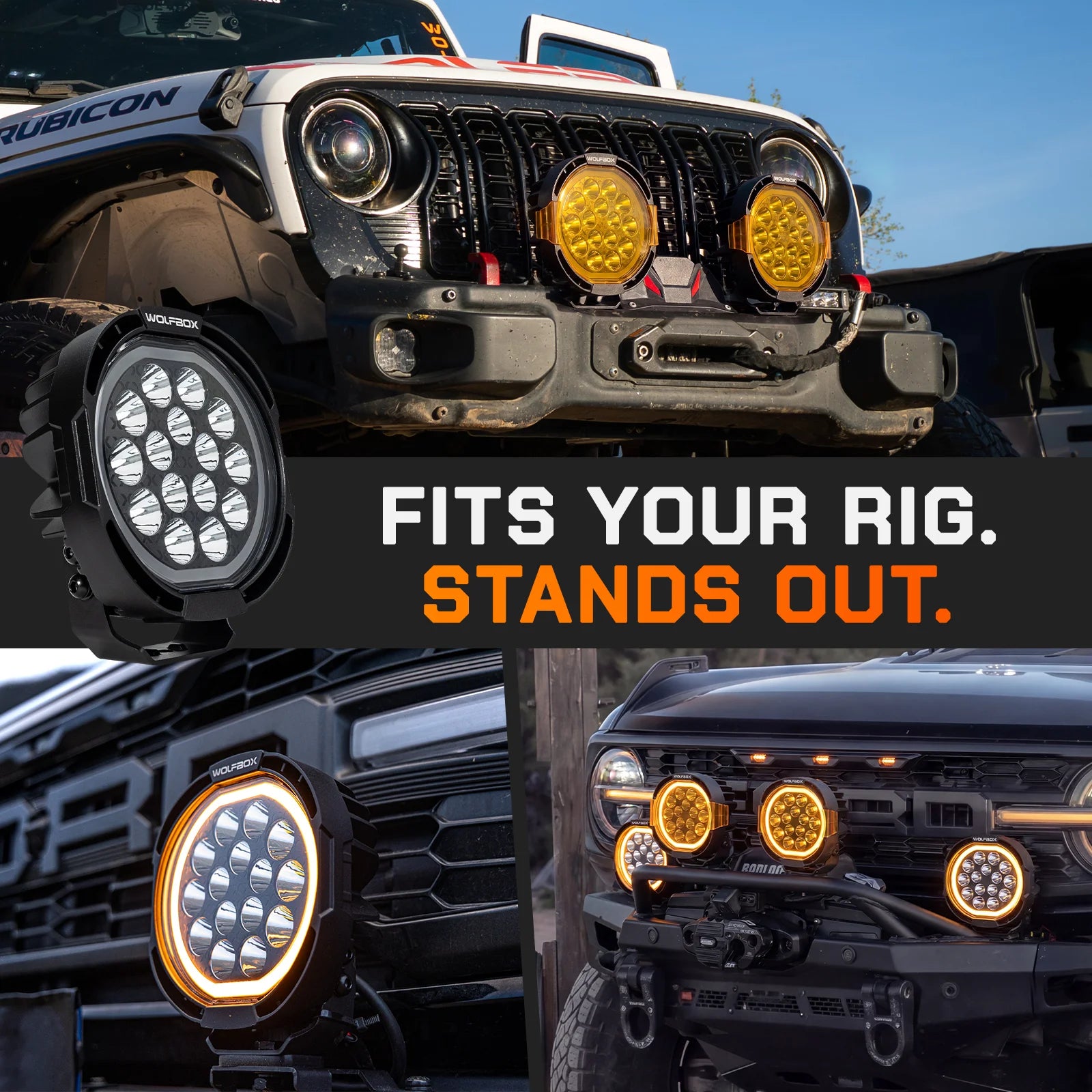 round driving lights mounted on jeep and ford truck bumpers and grilles