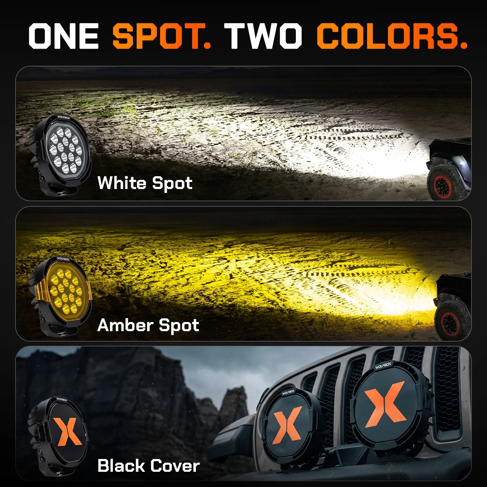 white spot amber spot and black cover beam comparison on night trail