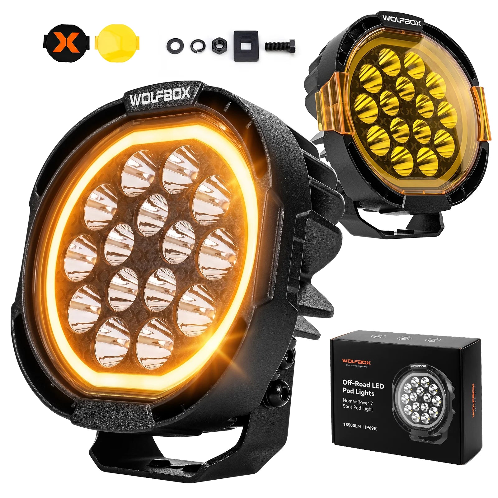 nomadrover 7 round driving light with amber and black covers hardware and box