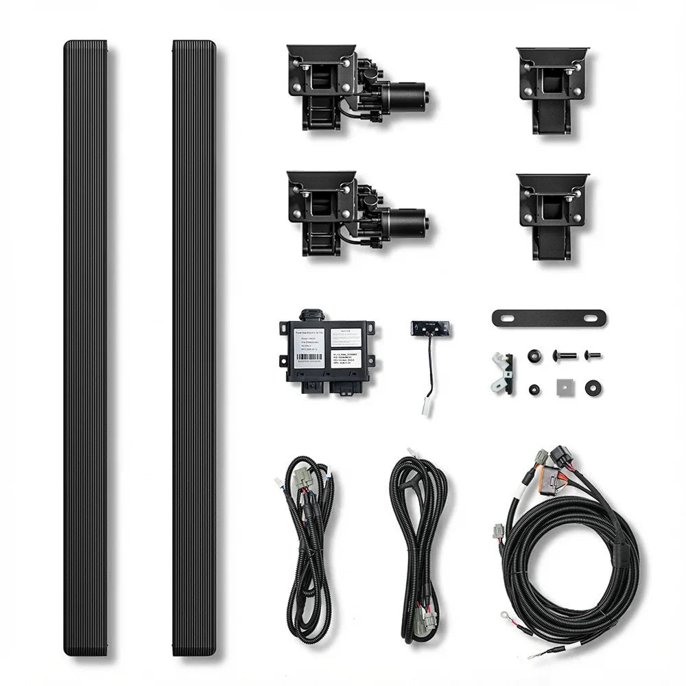 Complete power running boards kit including steps, motors, brackets, and wiring for easy installation.