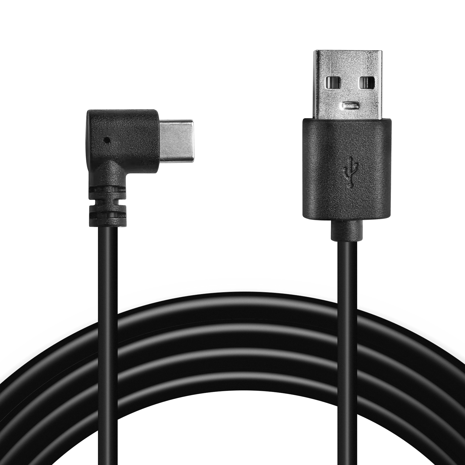 Black right-angle USB Type-C to USB-A charging and data cable on a black background.