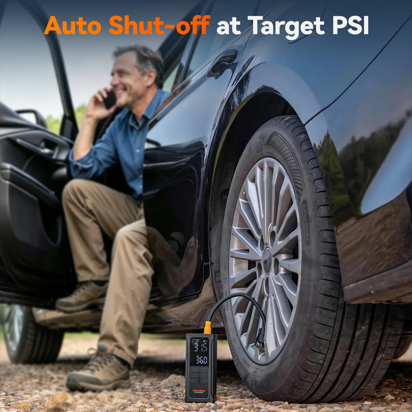 tire inflator stopping automatically once the tire reaches the target pressure | WOLFBOX HyperFlow19