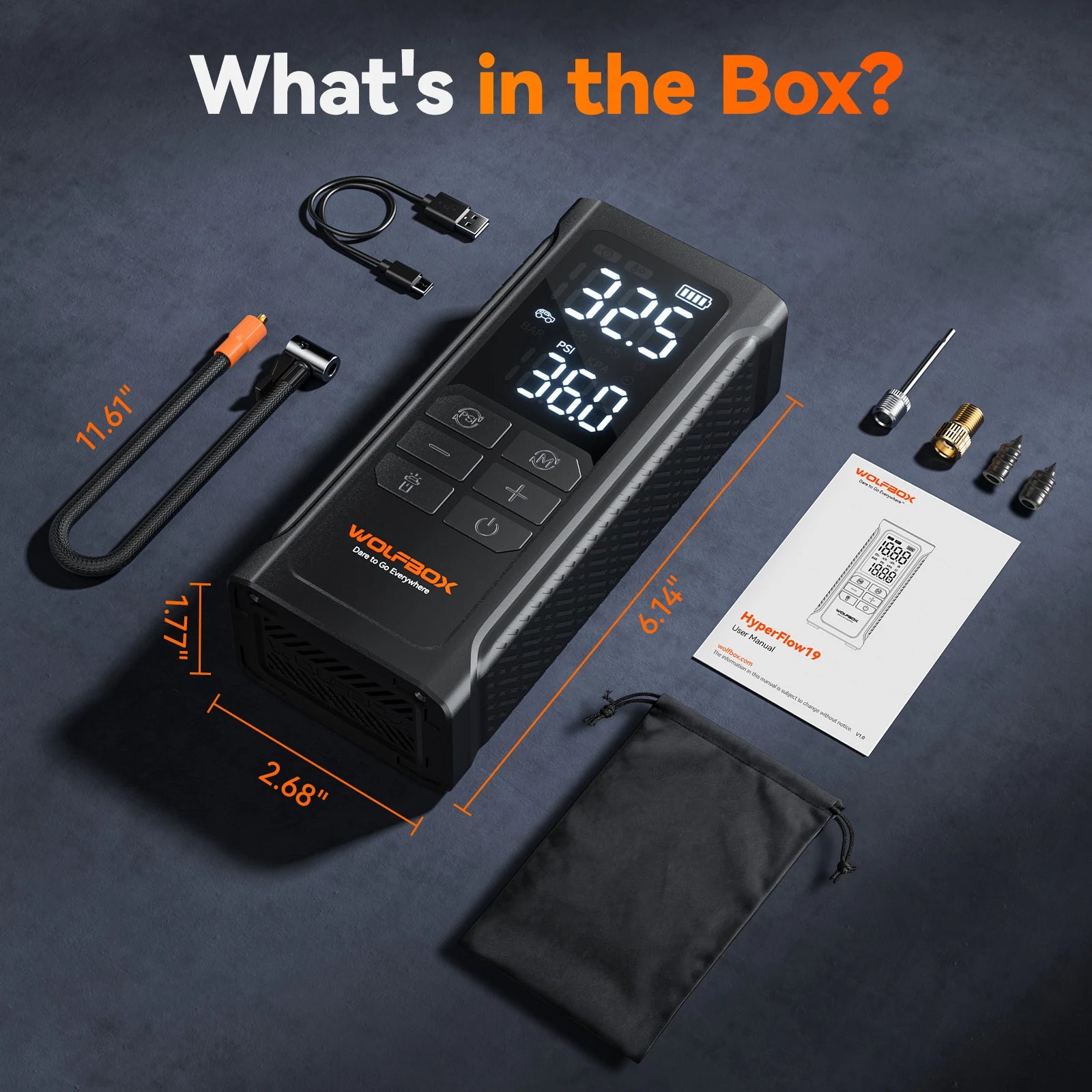 tire inflator shown with its air hose usb cable adapters storage bag and size | WOLFBOX HyperFlow19