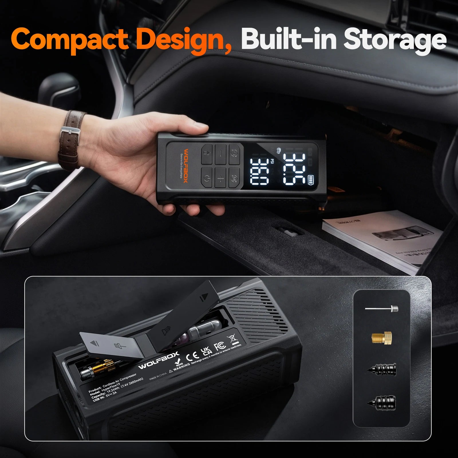 compact tire inflator fitting in a car glovebox with accessories stored on board | WOLFBOX HyperFlow19