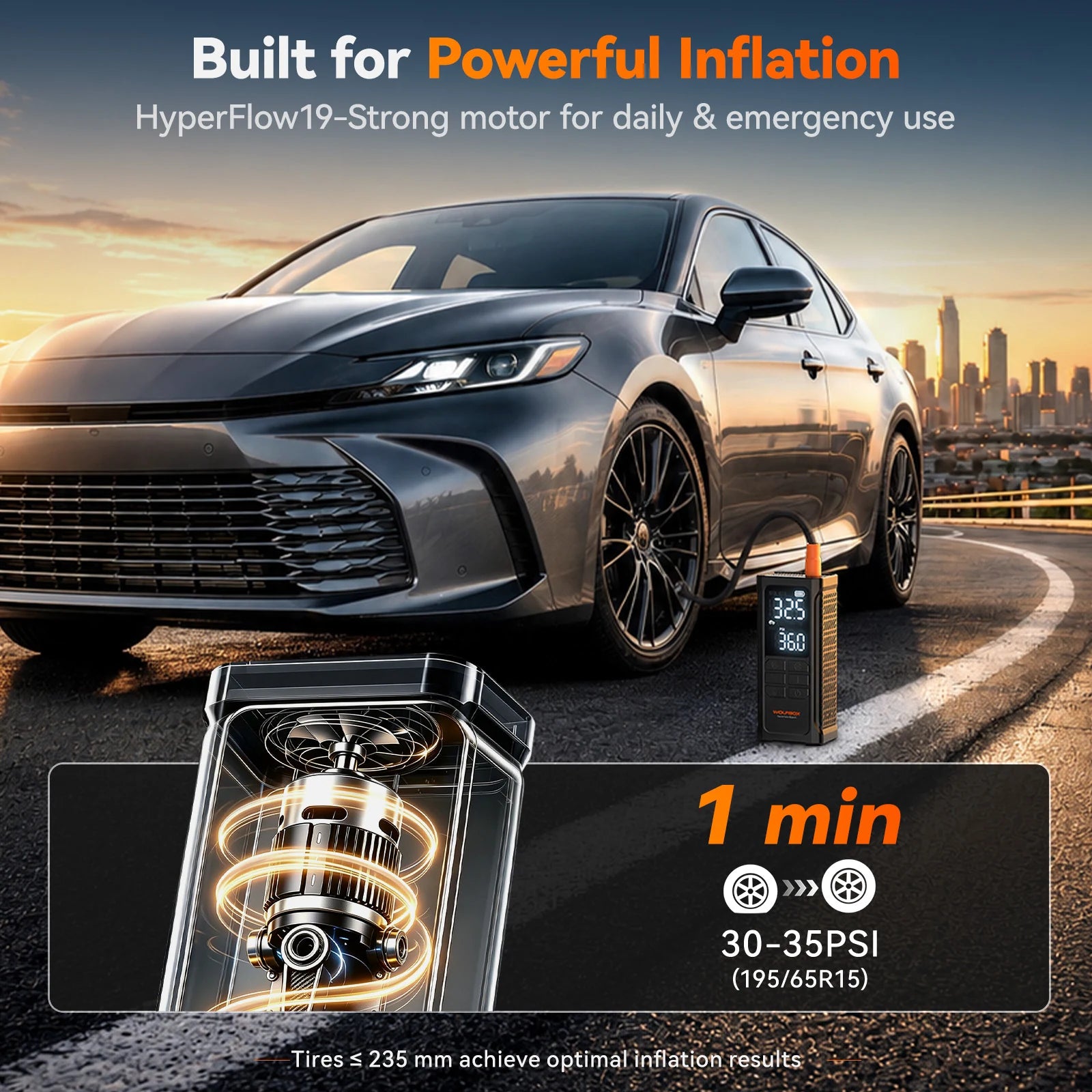 tire inflator refilling a car tire in one minute with a strong motor | WOLFBOX HyperFlow19